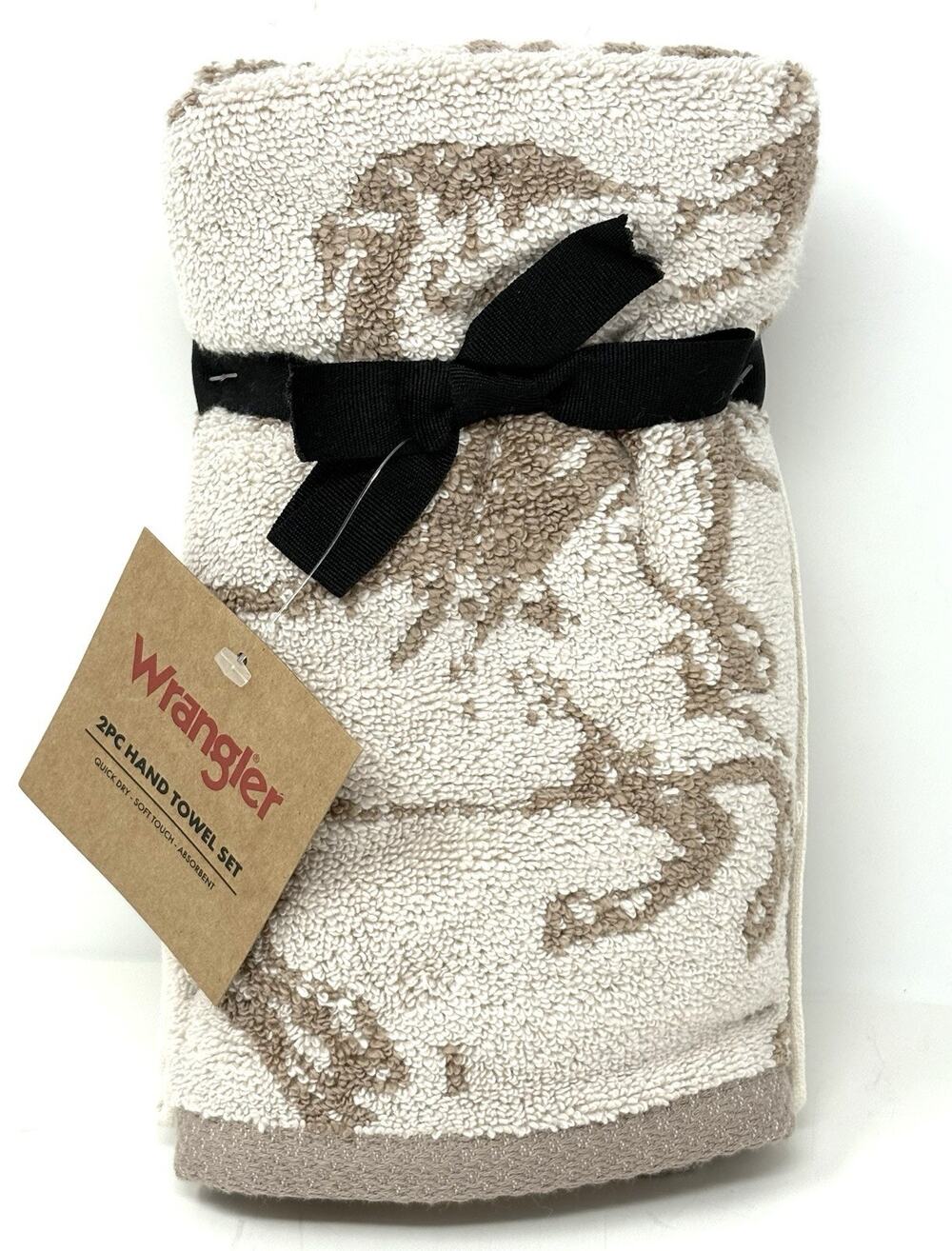 Wrangler Horse Hand Towels Tan Beige Mustangs Set Of 2 Pcs NWT Ivory